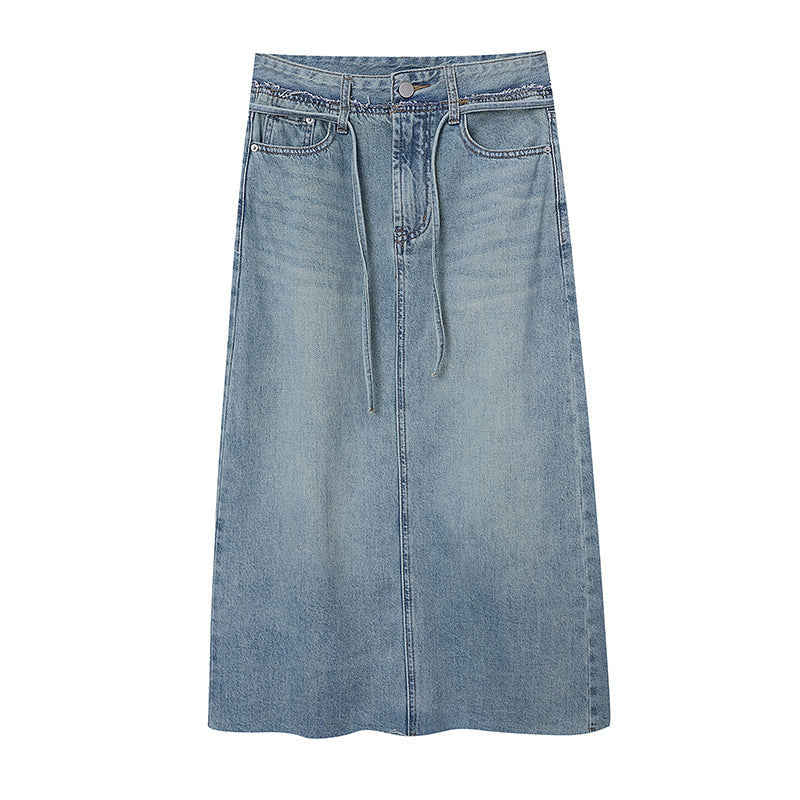 Damen Midi Jeansrock Verstellbares Taillenband Eingrifftaschen