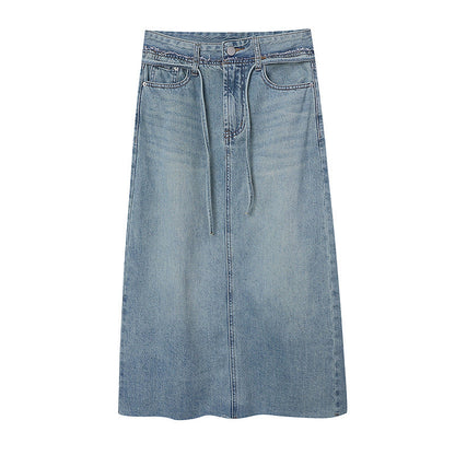 Damen Midi Jeansrock Verstellbares Taillenband Eingrifftaschen
