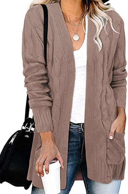 Damen Strickjacke Kabelmuster Offene Taschen Eveloria