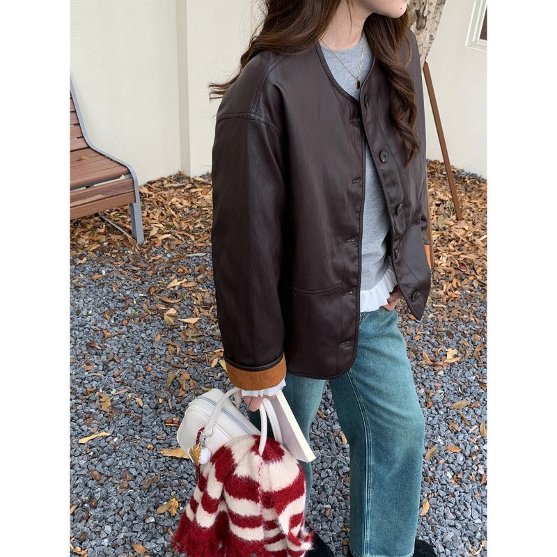 Damen Lederjacke Kariertes Futter Eveloria