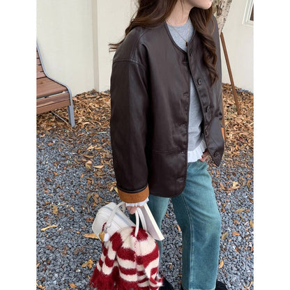 Damen Lederjacke Kariertes Futter Eveloria