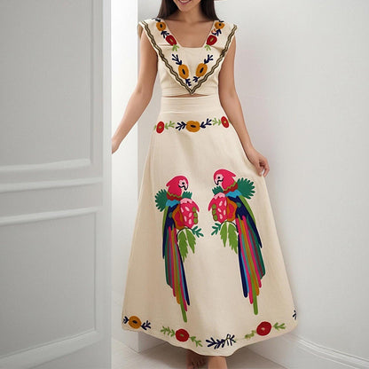 Damen Maxikleid mit Stickmuster und Volantärmeln Elegant