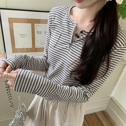 Damen Langarmshirt Streifenmuster Knöpfe Weiß