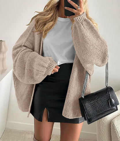 Damen Strickjacke Kuschelig Voluminöse Ärmel Grau Eveloria