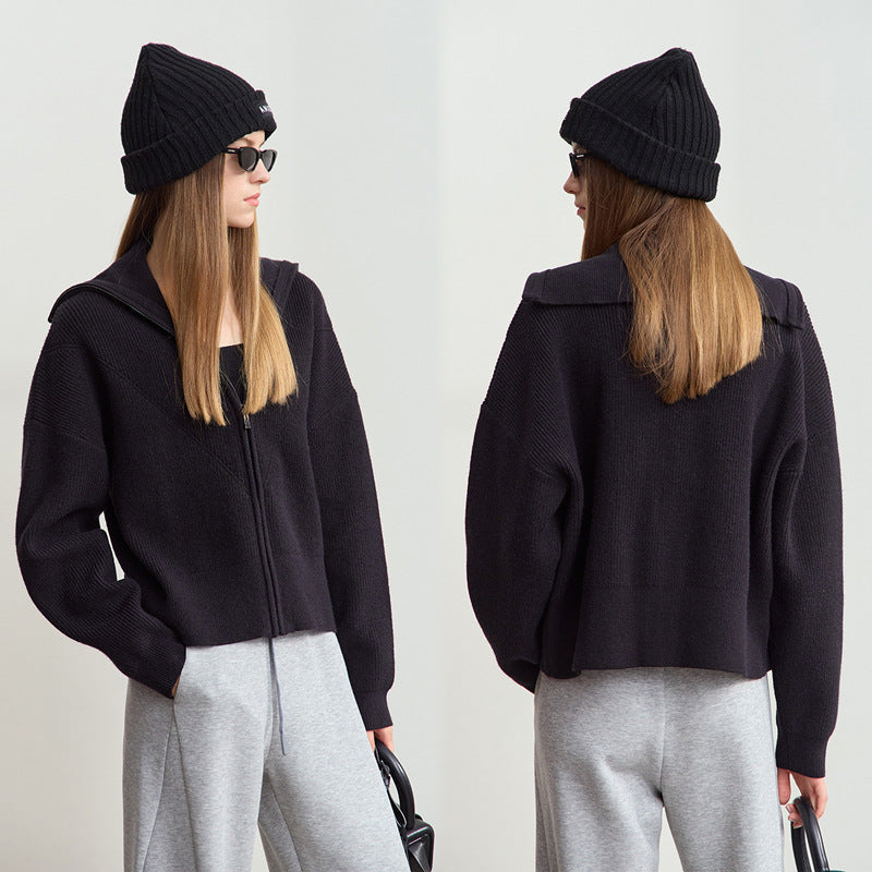 Damen Strickjacke Cropped mit Kapuze und Reißverschluss