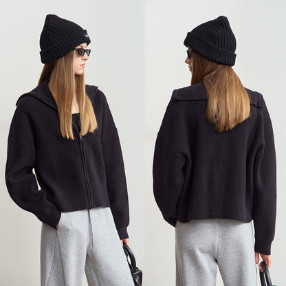 Damen Strickjacke Cropped mit Kapuze und Reißverschluss