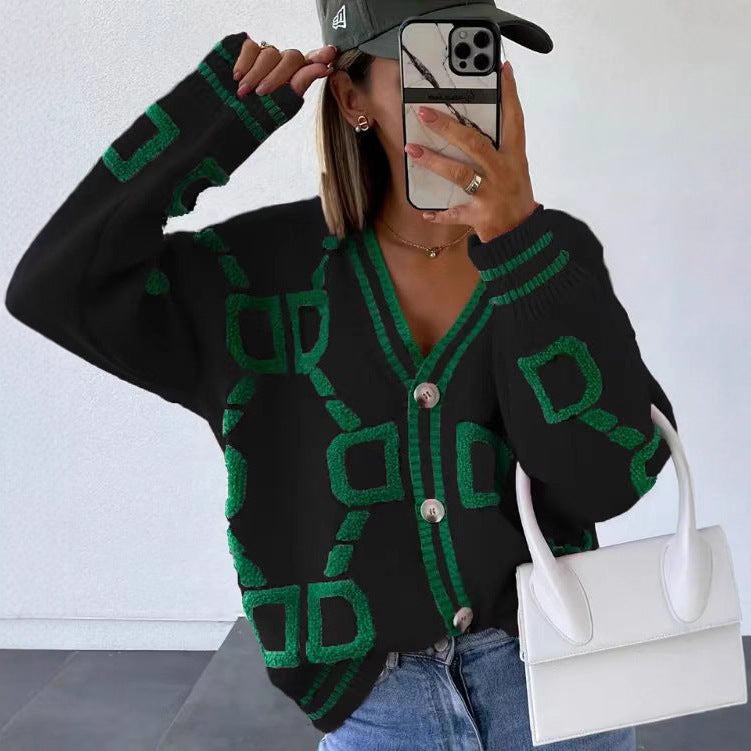 Damen Cardigan Geometrisches Muster Knopfleiste Anthrazit
