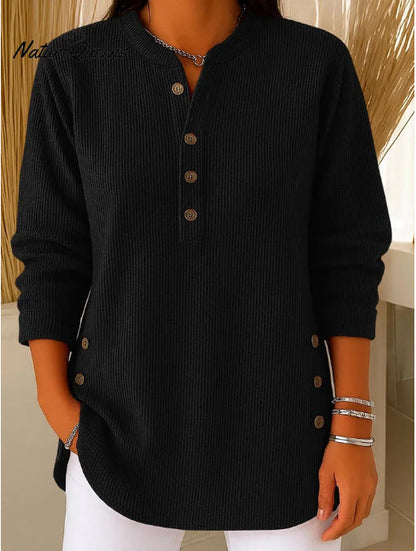 Damen Langarmshirt Knopfleiste Seitenknöpfe Modern Eveloria