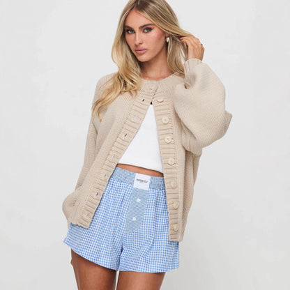 Damen Strickjacke Voluminöse Ärmel Dekorative Knöpfe Beige - Eveloria