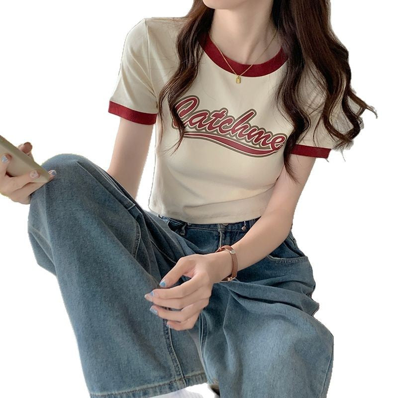 Damen Crop- mit Kontrastärmeln und Schriftzug