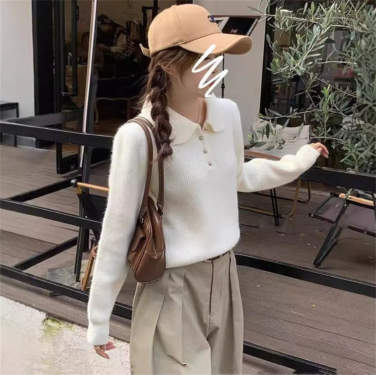 Damen Pullover mit Polokragen Weiches Strickmaterial Beige