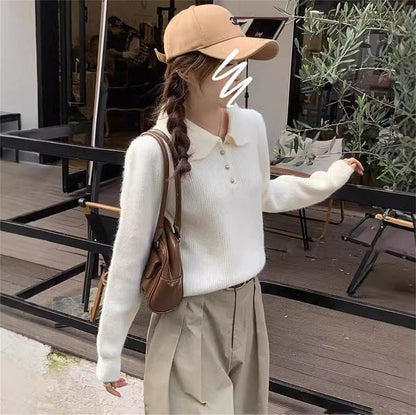 Damen Pullover mit Polokragen Weiches Strickmaterial Beige