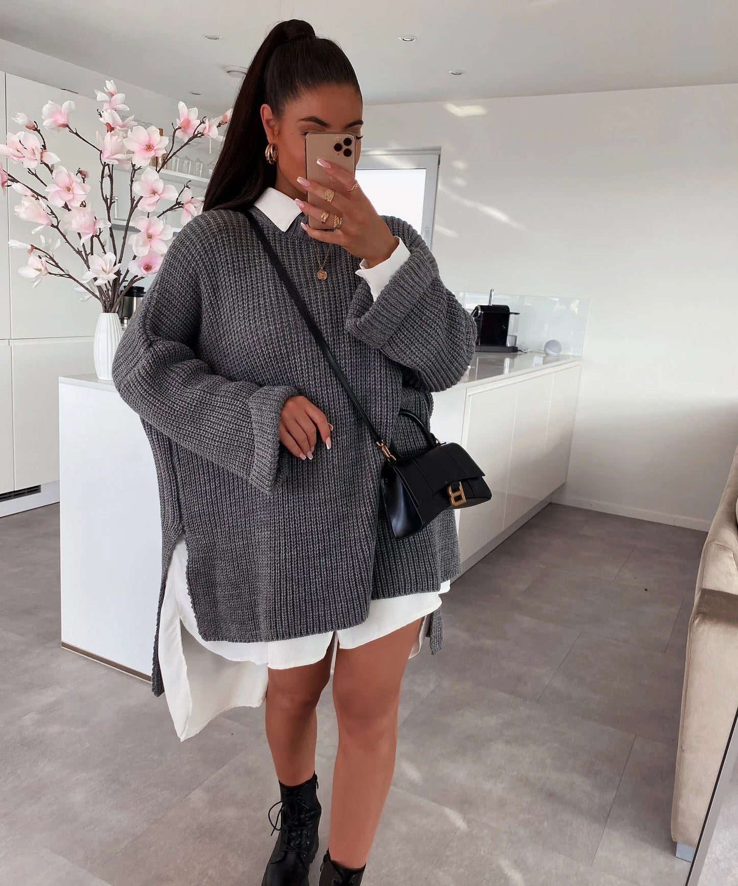 Damen Strickpullover Oversized Lässiger Schnitt Weite Ärmel