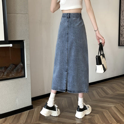 Damen Denimrock Midi mit Vorderschlitz Blau Eveloria - Eveloria