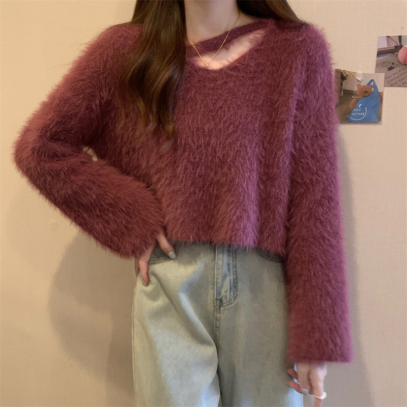 Damen Pullover Flauschig Lässiger Schnitt V-Ausschnitt Beige