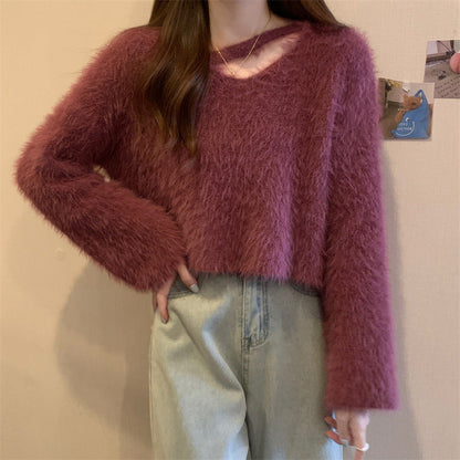 Damen Pullover Flauschig Lässiger Schnitt V-Ausschnitt Beige