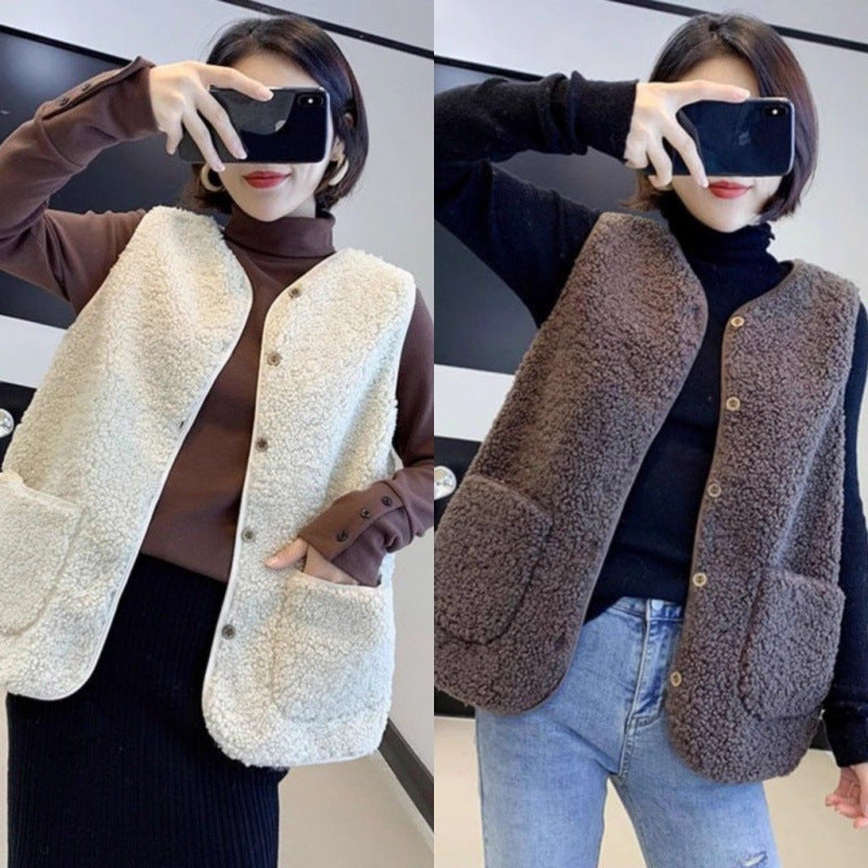 Damen Teddy-Fleeceweste mit Taschen und Knopfverschluss Schwarz - Eveloria