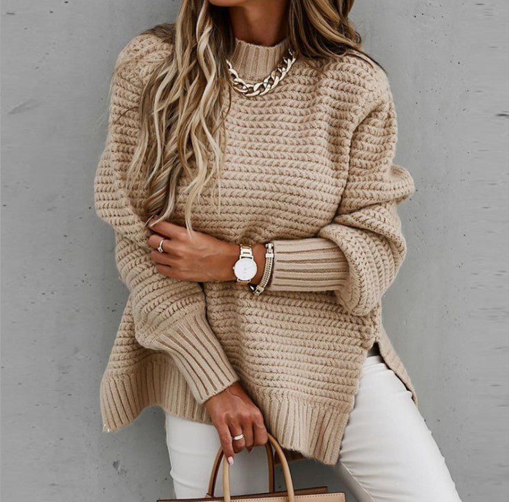Damen Grobstrickpullover Hochgeschlossener Kragen Seitliche Schlitzen