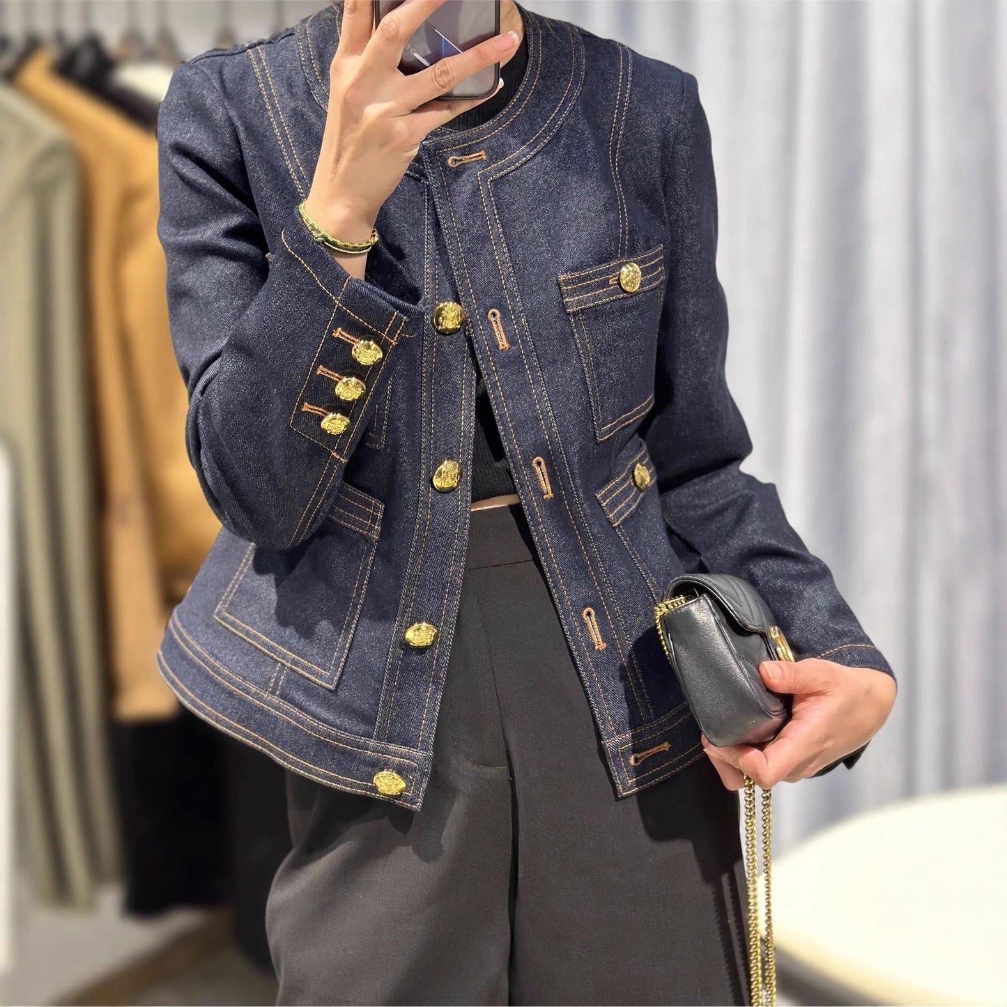 Damen Denimjacke Goldene Knöpfe Blau Eveloria
