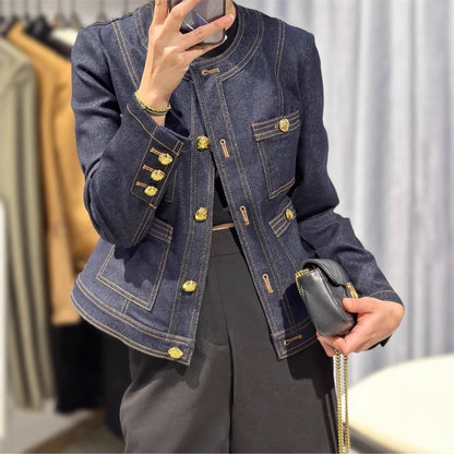 Damen Denimjacke Goldene Knöpfe Blau Eveloria