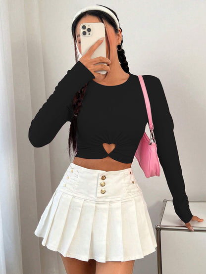 Damen Cropped Langarmshirt Herz-Ausschnitt Raffung