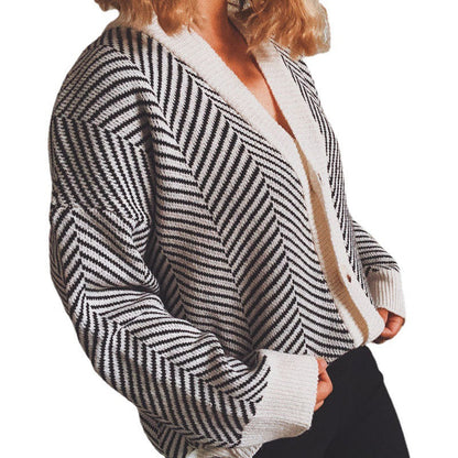 Damen Strickjacke Chevron Muster Knopfverschluss Eveloria