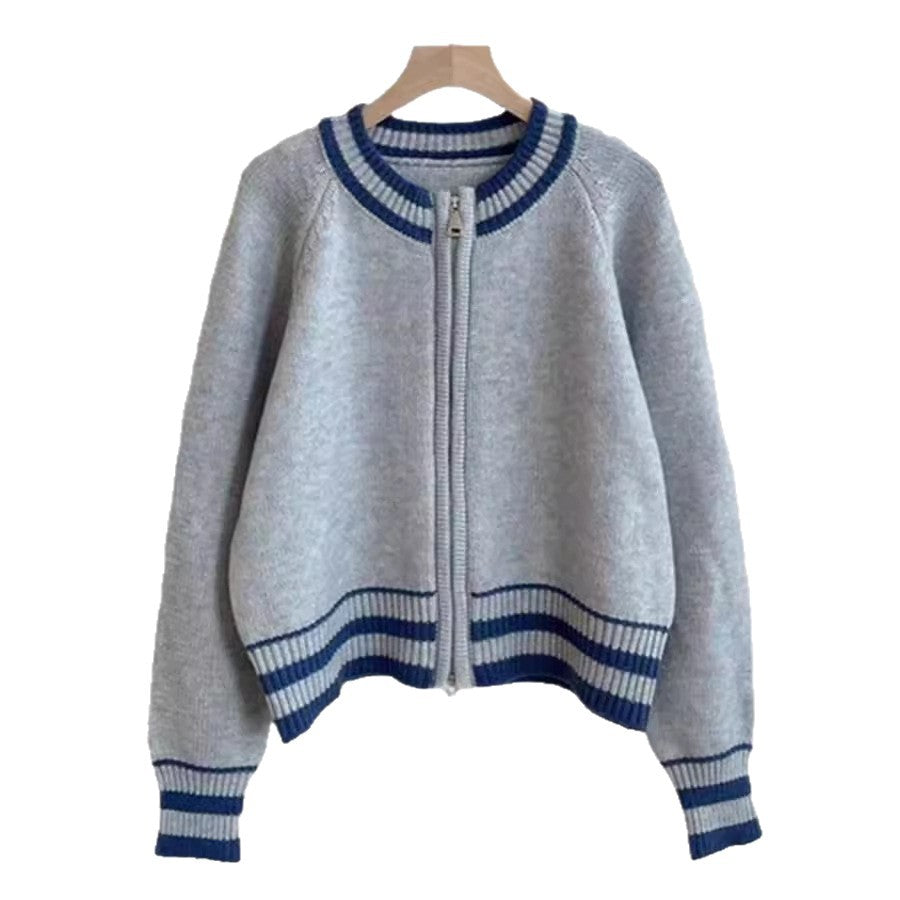 Damen Strickcardigan Sportlich Reißverschluss Gestreift Grau Eveloria