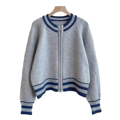Damen Strickcardigan Reißverschluss Sportliches Streifenmuster