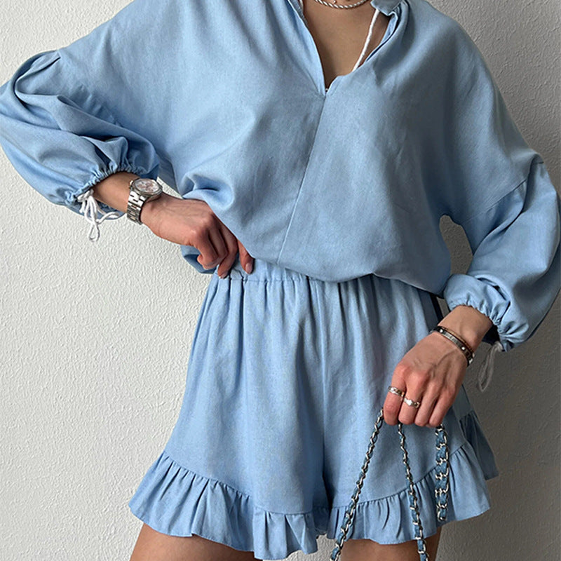Damen Blusen-Shorts-Set mit Rüschendetails Weites Damen-Set