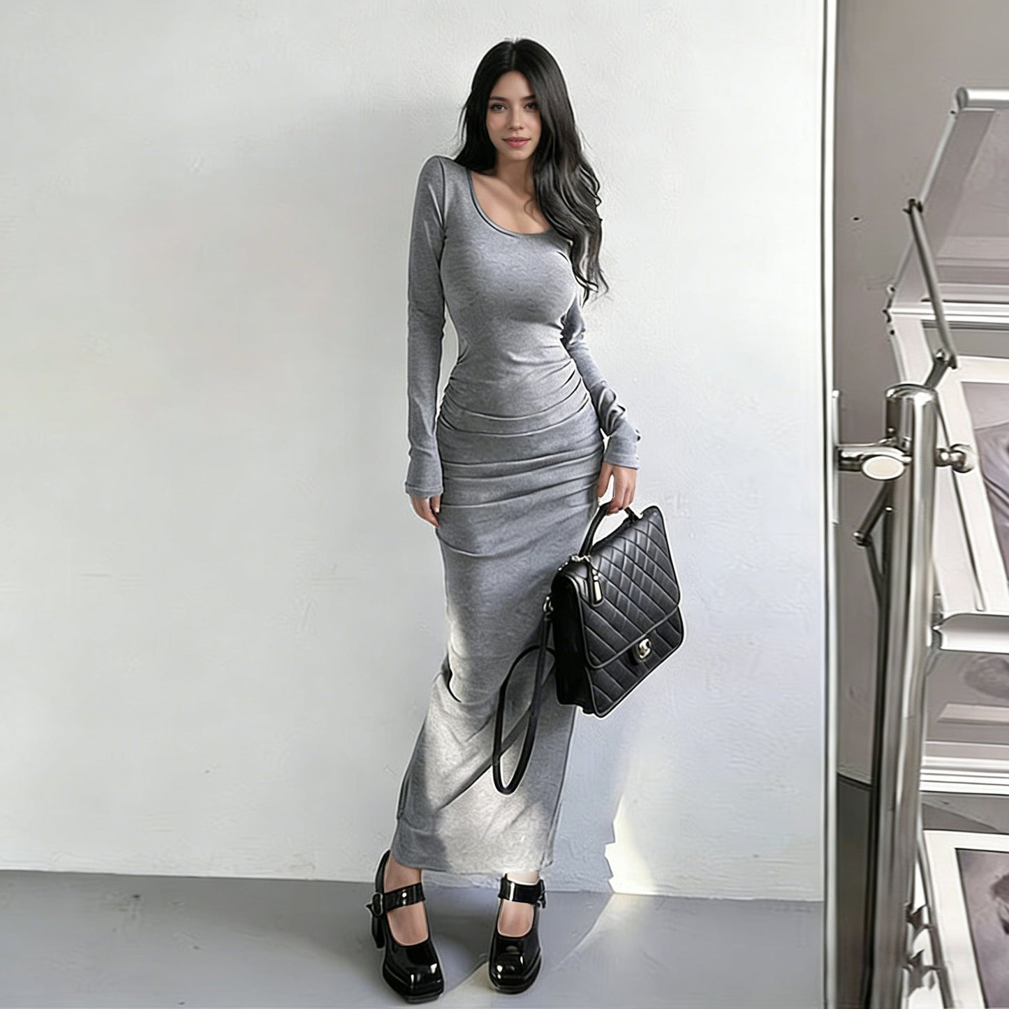 Damen Langarmkleid Eveloria Elegant Figurbetont - Eveloria
