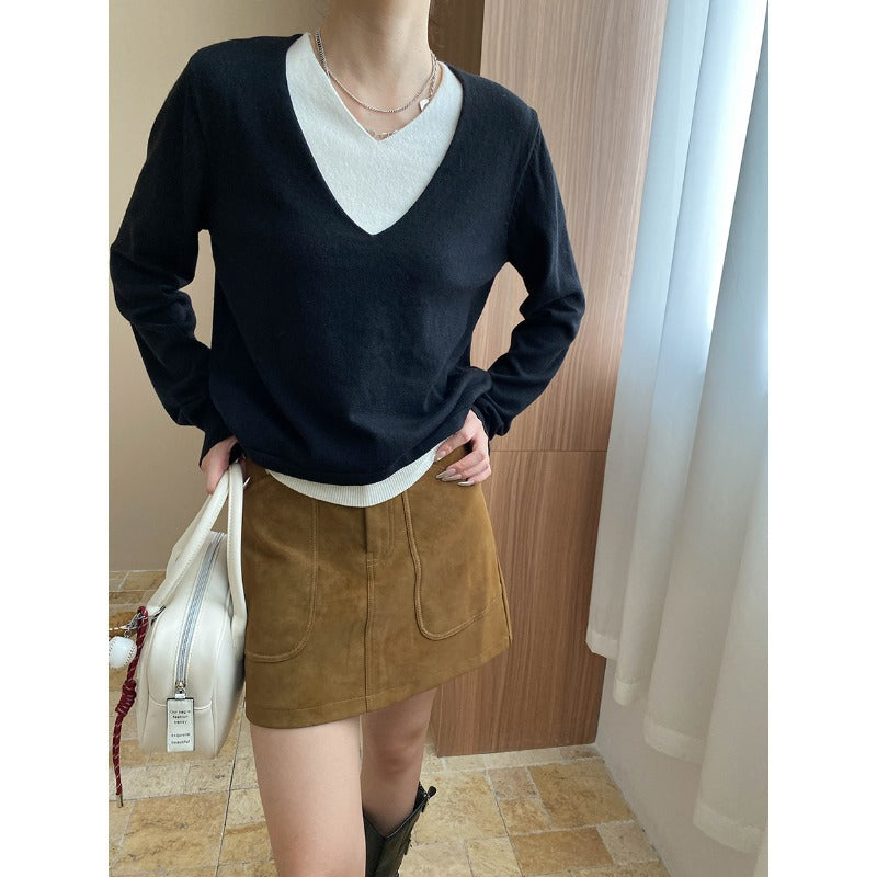Damen Pullover V-Ausschnitt Weiches Material Rippstruktur Beige