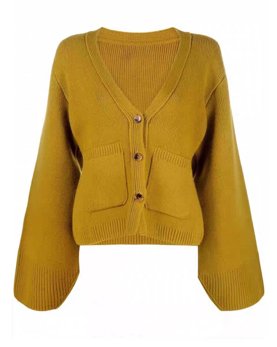 Damen Strickjacke V-Ausschnitt Taschen Eveloria