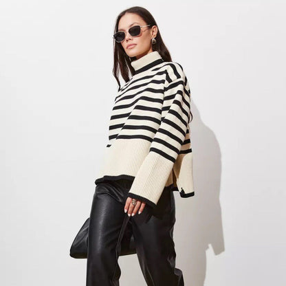 Damen Pullover Grobgestrickt Breton-Streifen Hochkragen Beige