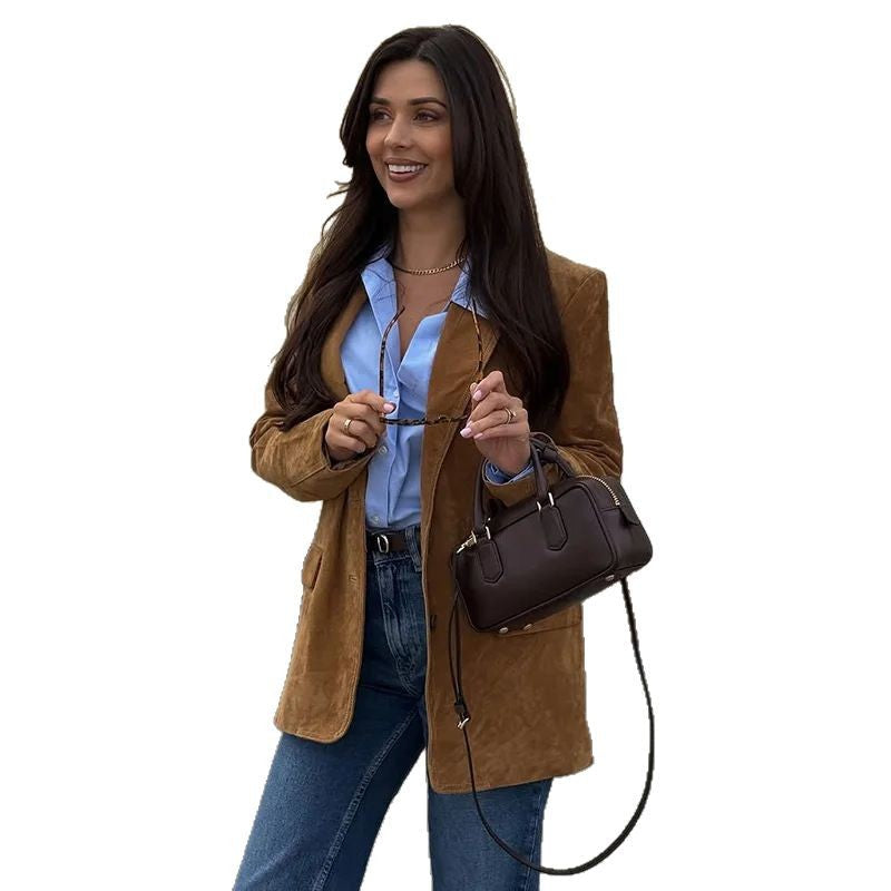 Damen Suede Blazerjacke Eveloria Elegantes Design