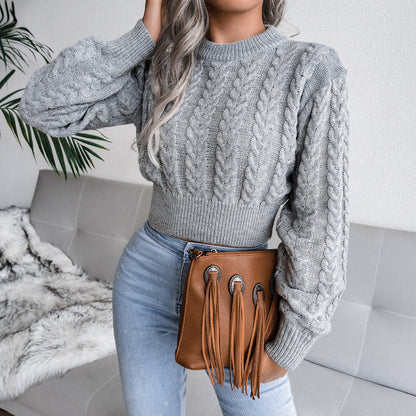 Damen Strickpullover Kuschelig Zopfmuster Tailliert Anthrazit Eveloria