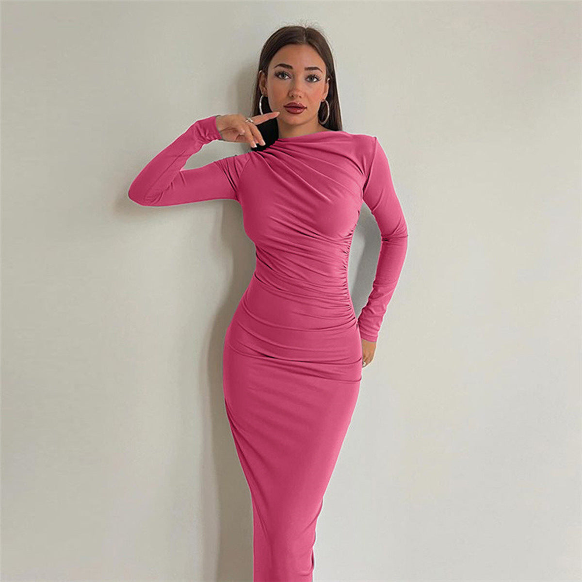 Damen Langarmkleid Figurbetont Raffung Eveloria