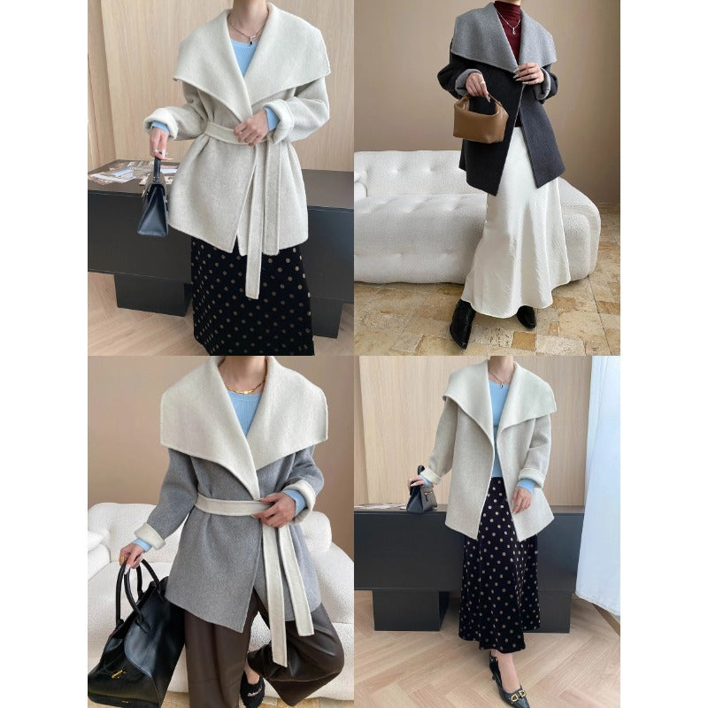 Damen Wolljacke mit breitem Revers und Bindegürtel Eveloria