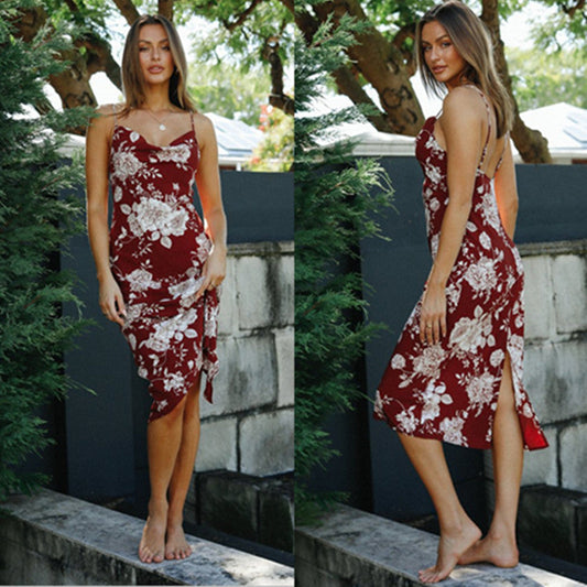 Damen Maxikleid Florales Muster Asymmetrischer Saum - Eveloria