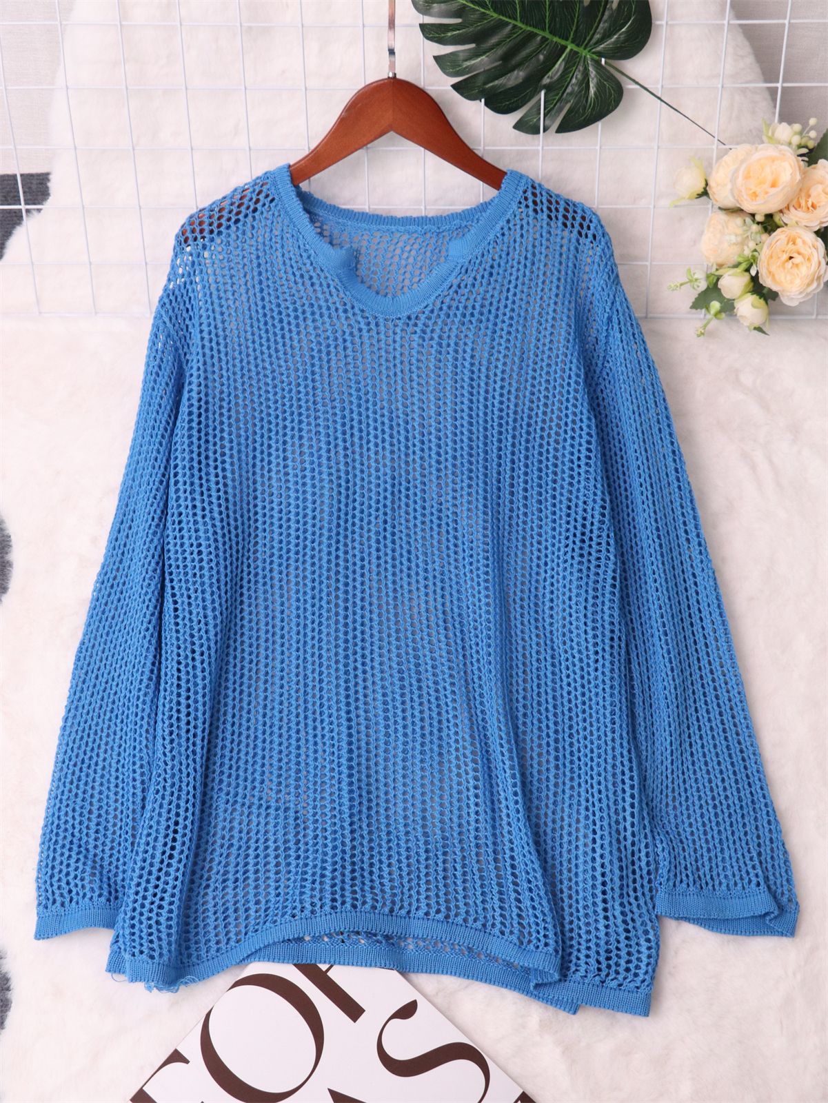 Damen Strickpullover Luftiger Netzdesign