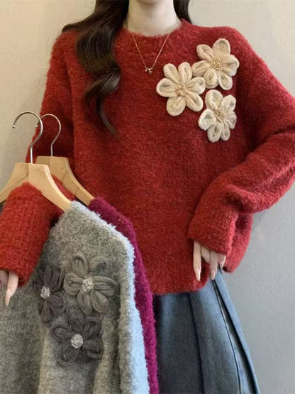 Damen Pullover Florales 3D-Design Kuschelig