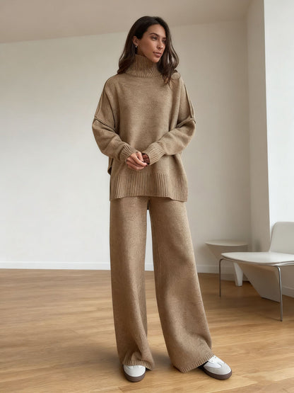 Damen Fleece-Loungewear-Set Hochkragen Beige Eveloria