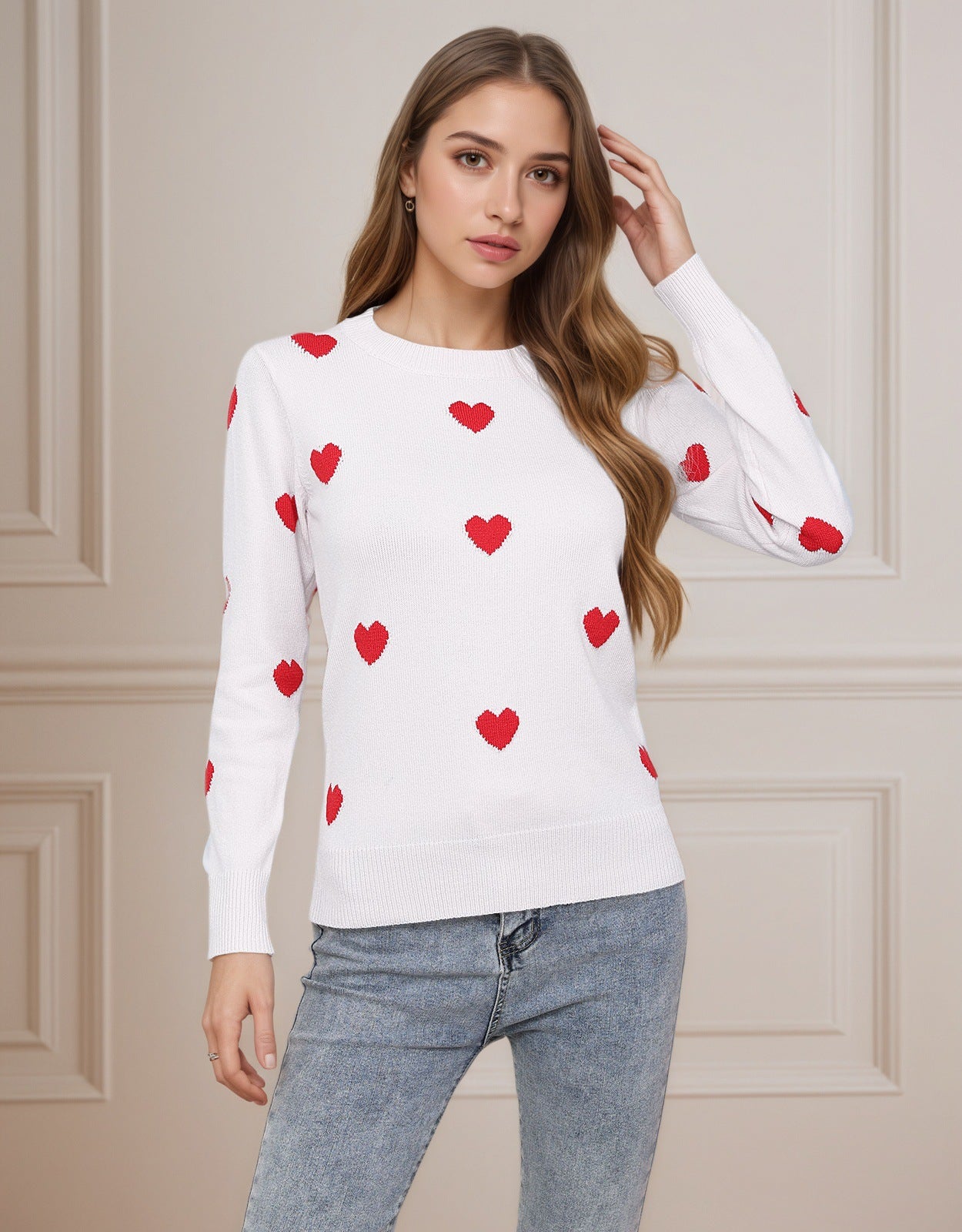 Damen Strickpullover Herz-Design Feine Struktur
