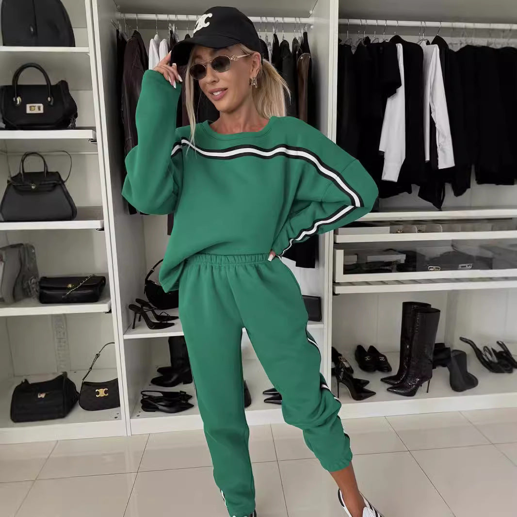 Damen Fleece-Lounge-Set mit Seitentaschen Kontraststreifen Grau