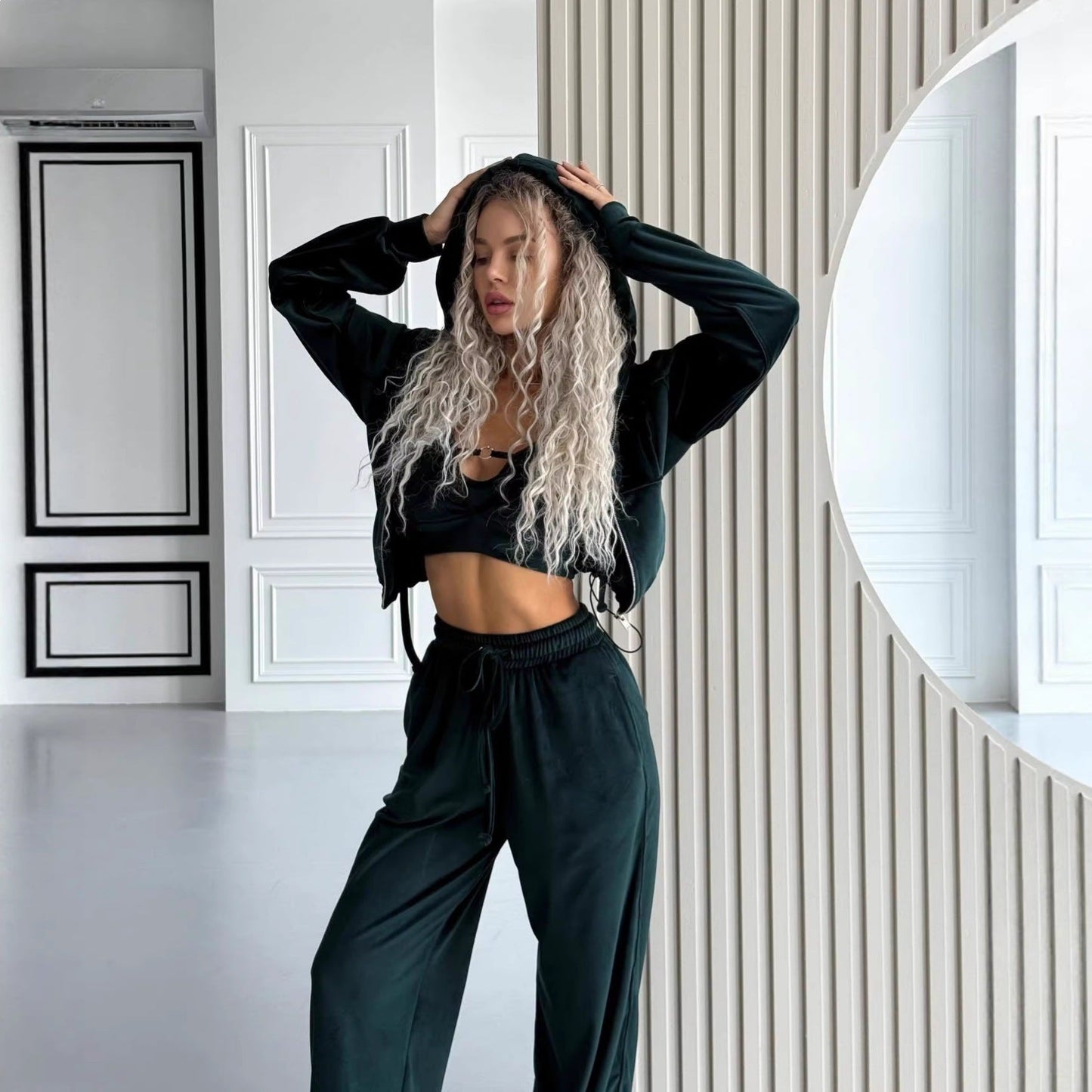 Damen Fleece Sportanzug Hochkragen Reißverschluss