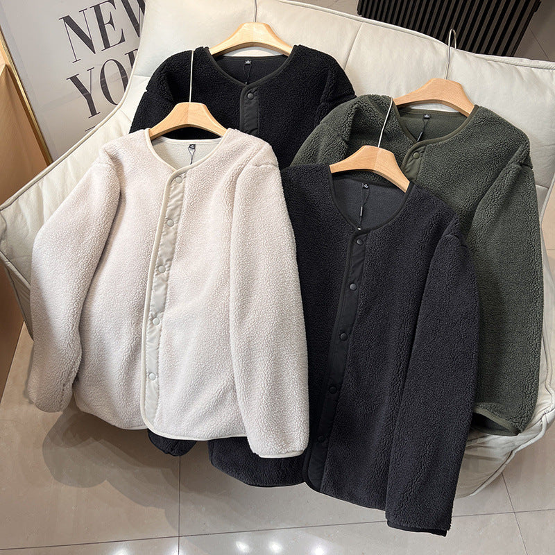 Damen Fleecejacke Warm Gefüttert mit Druckknopfverschluss Schwarz - Eveloria
