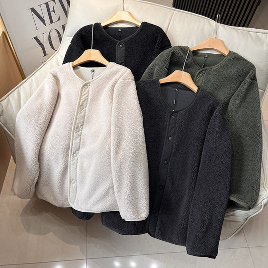 Damen Fleecejacke Warm Gefüttert mit Druckknopfverschluss Schwarz - Eveloria