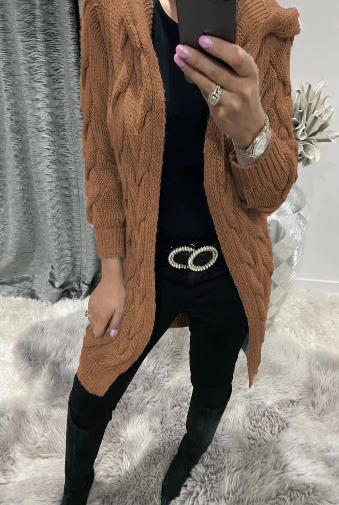 Damen Cardigan Grobstrick Zopfdesign Beige mit Taschen