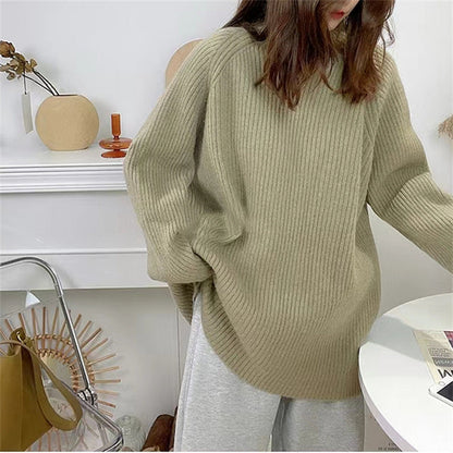 Damen Pullover Grobstrick Hohler Kragen Rippdesign Beige