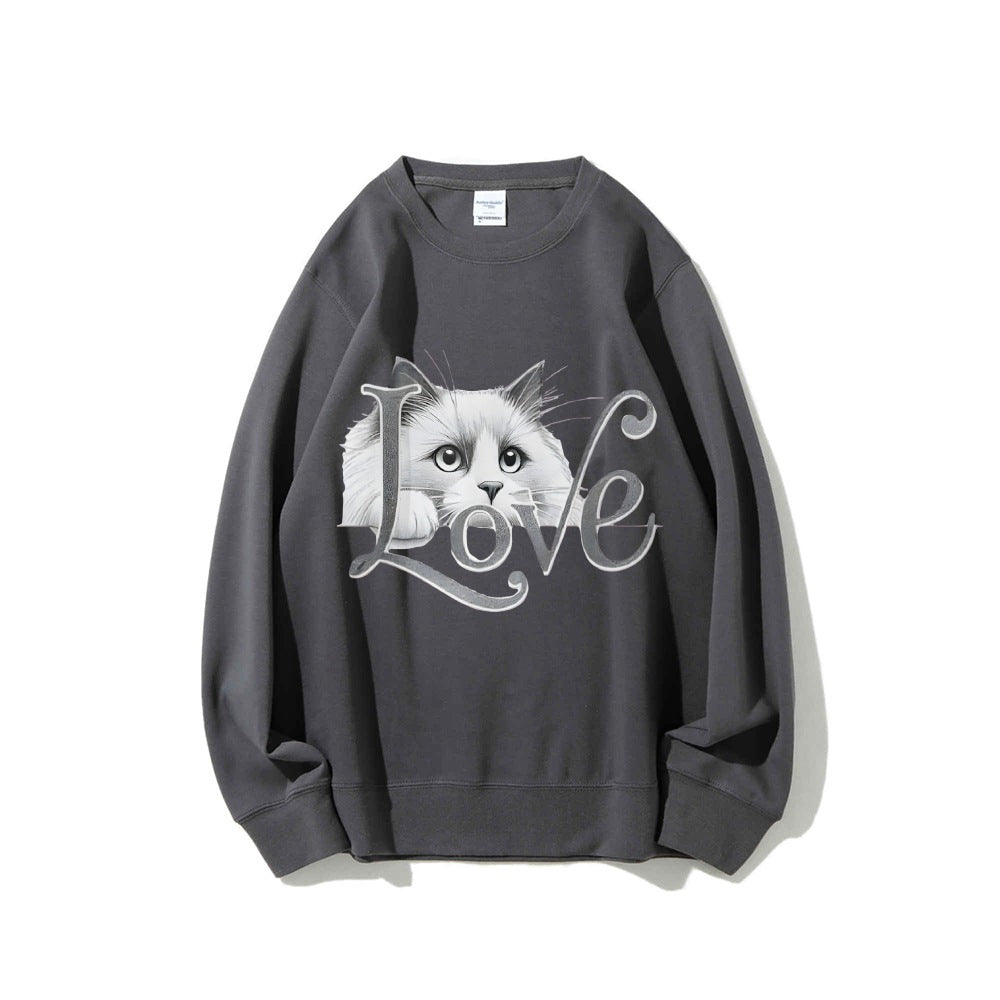 Damen Sweatshirt Katzenmotiv Lässig Grau Eveloria
