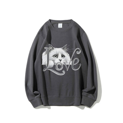 Damen Sweatshirt Katzenmotiv Lässig Grau Eveloria